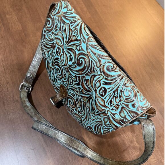 Patricia Nash Rosolini Tooled Leather Saddle Bag Turquoise Brown Crossbody Boho - Picture 2 of 16